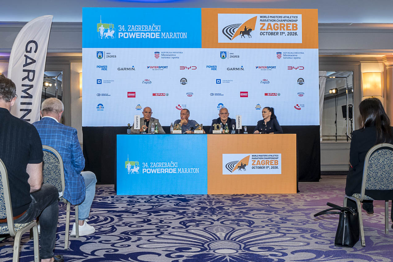 Press conference hall with the Zagreb Marathon and World Masters Athletics branding